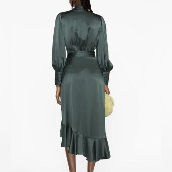 Zimmerman Asymmetric Ruffled Silk Wrap Dress in Green Size 00/0P - Picture 2 of 8